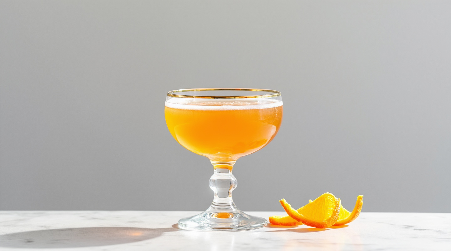 A chilled Mezcal Martinez cocktail served in a coupe glass with an orange zest twist garnish