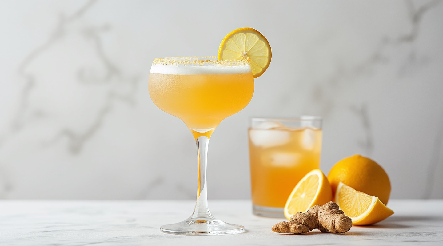Ginger Margarita with skewered crystallized ginger garnish served in an Old Fashioned glass