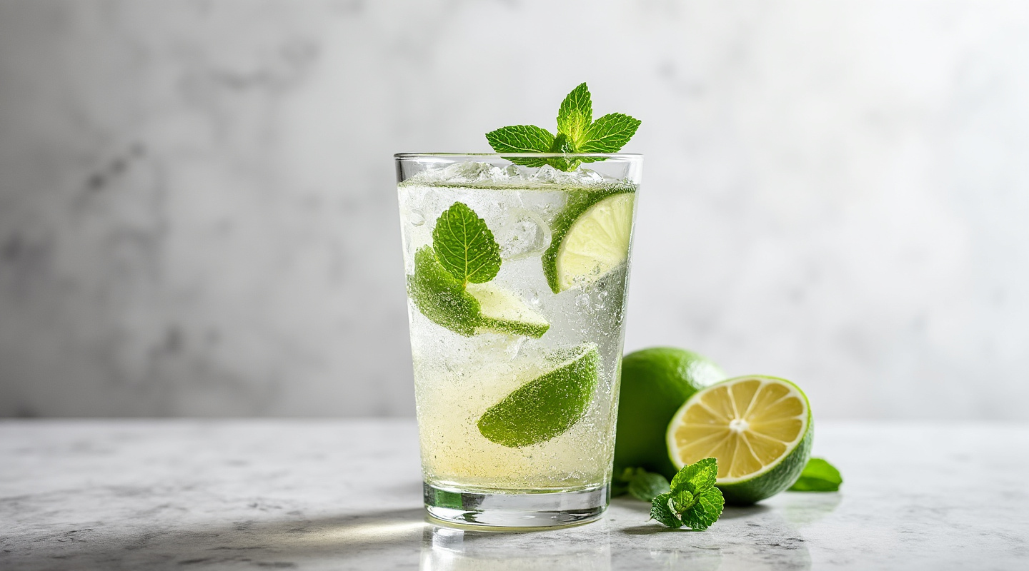A vibrant Ginger Mojito served in a Collins glass with mint leaves.