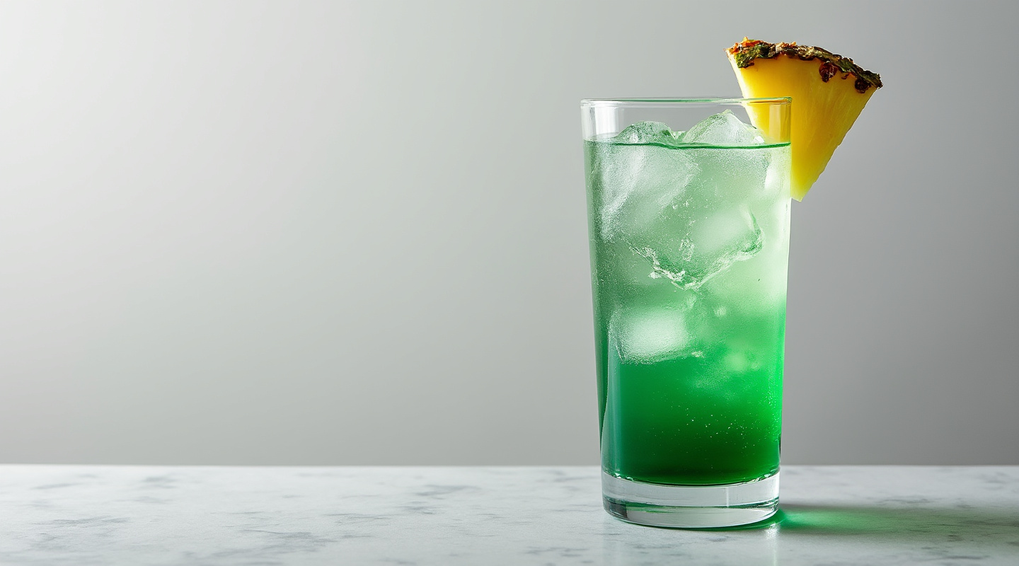 A vibrant Emerald Swizzle cocktail garnished with mint sprigs and a pineapple wedge