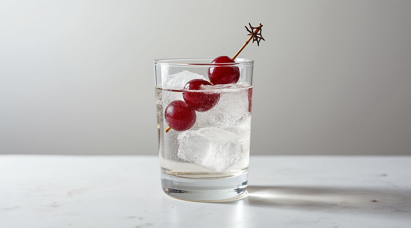 A refreshing glass of L'Americano with skewered fresh grapes garnish.