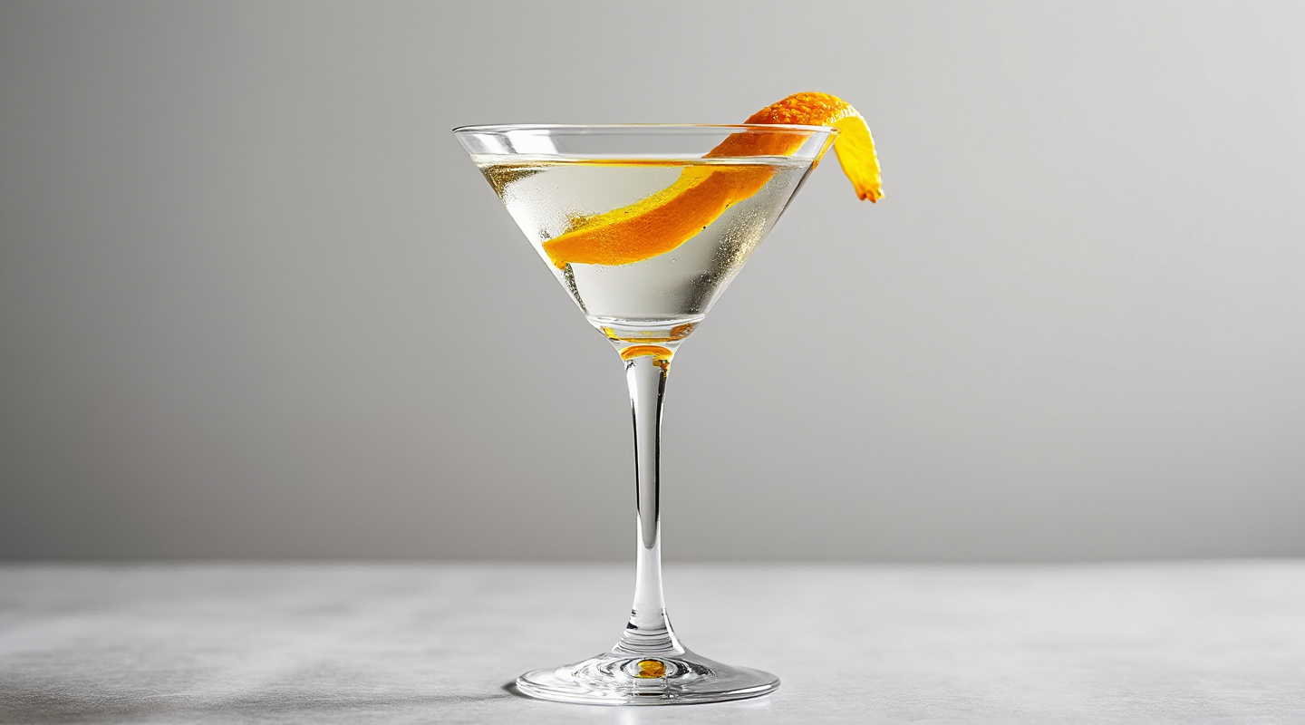 Burnt Martini cocktail in a chilled glass with a flamed orange zest twist garnish