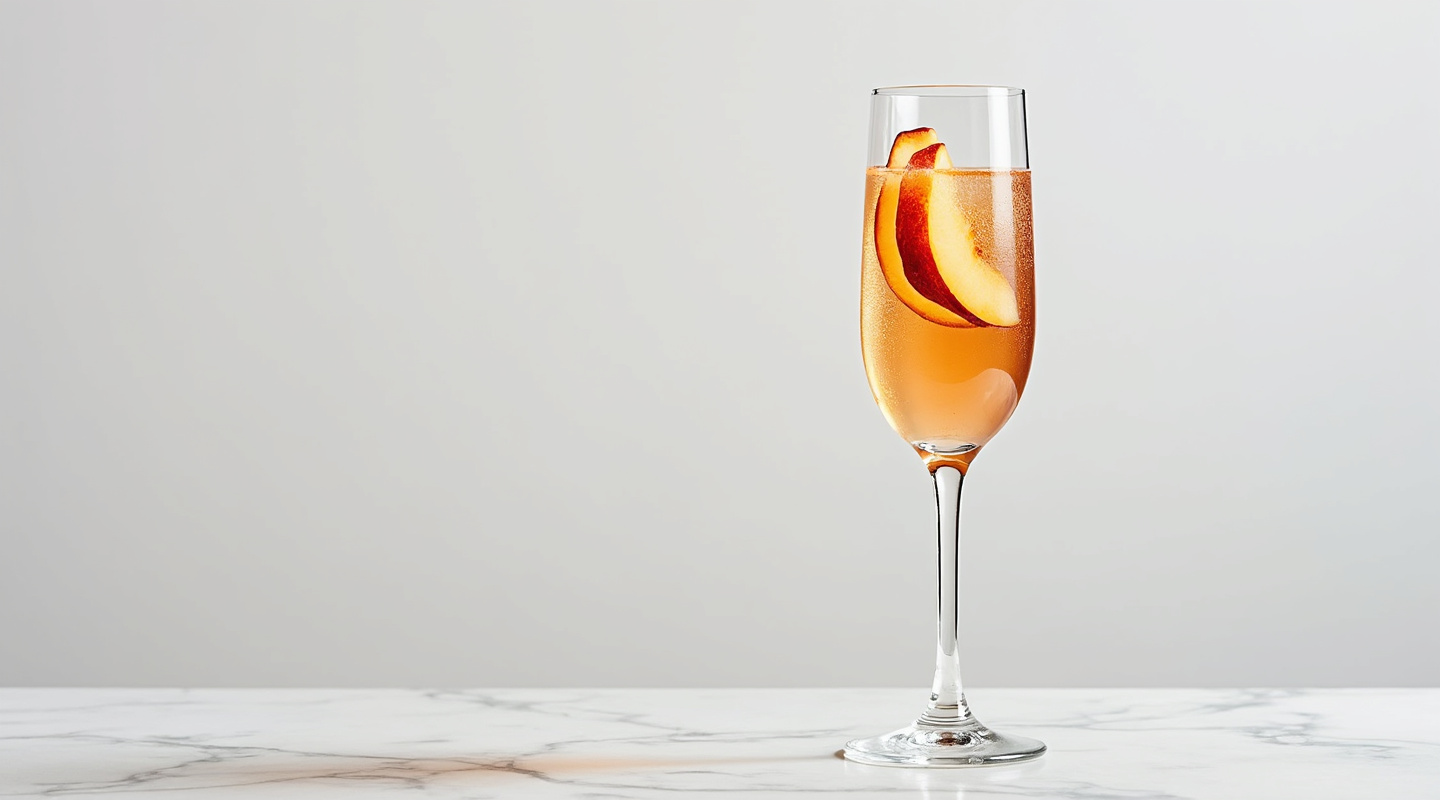 Apple Spritz cocktail served in a flute glass with a peach slice garnish