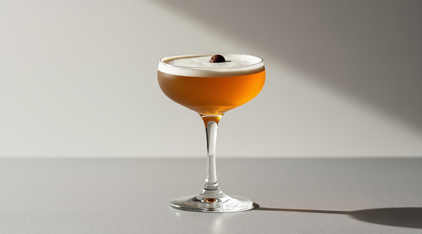 The Vervet cocktail served in a Nick & Nora glass with a float single coffee bean garnish.