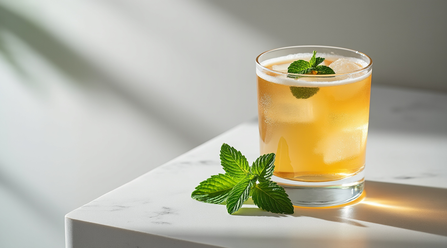 A glass of Honeymentum cocktail garnished with mint