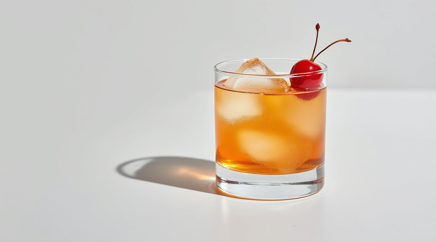 A glass of Wildest Redhead cocktail served with a large ice cube.