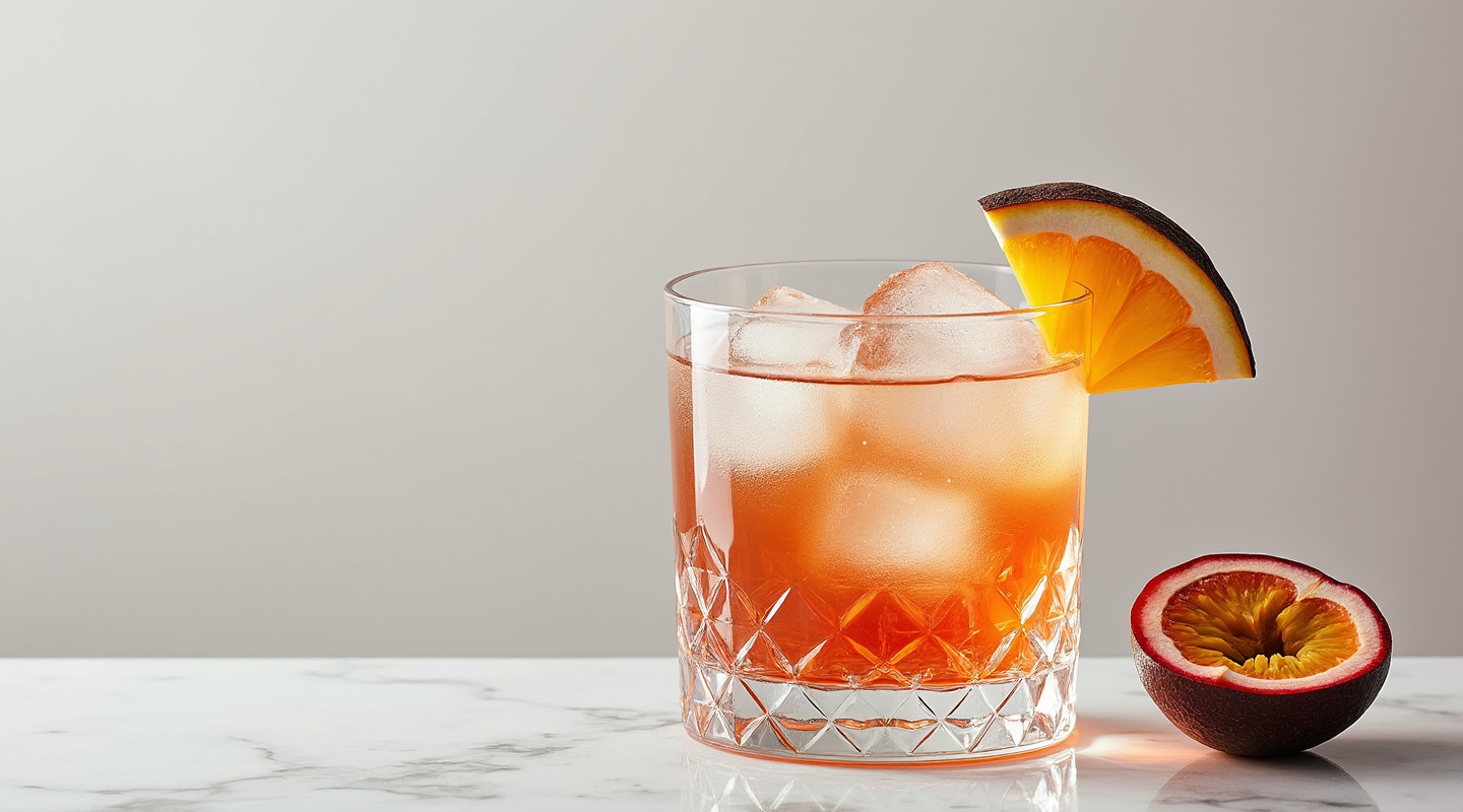 Naked & Infamous cocktail served in a coupe glass with a passion fruit garnish.