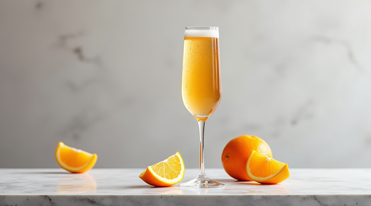 A golden-hued cocktail served in a flute glass, garnished with a physalis.