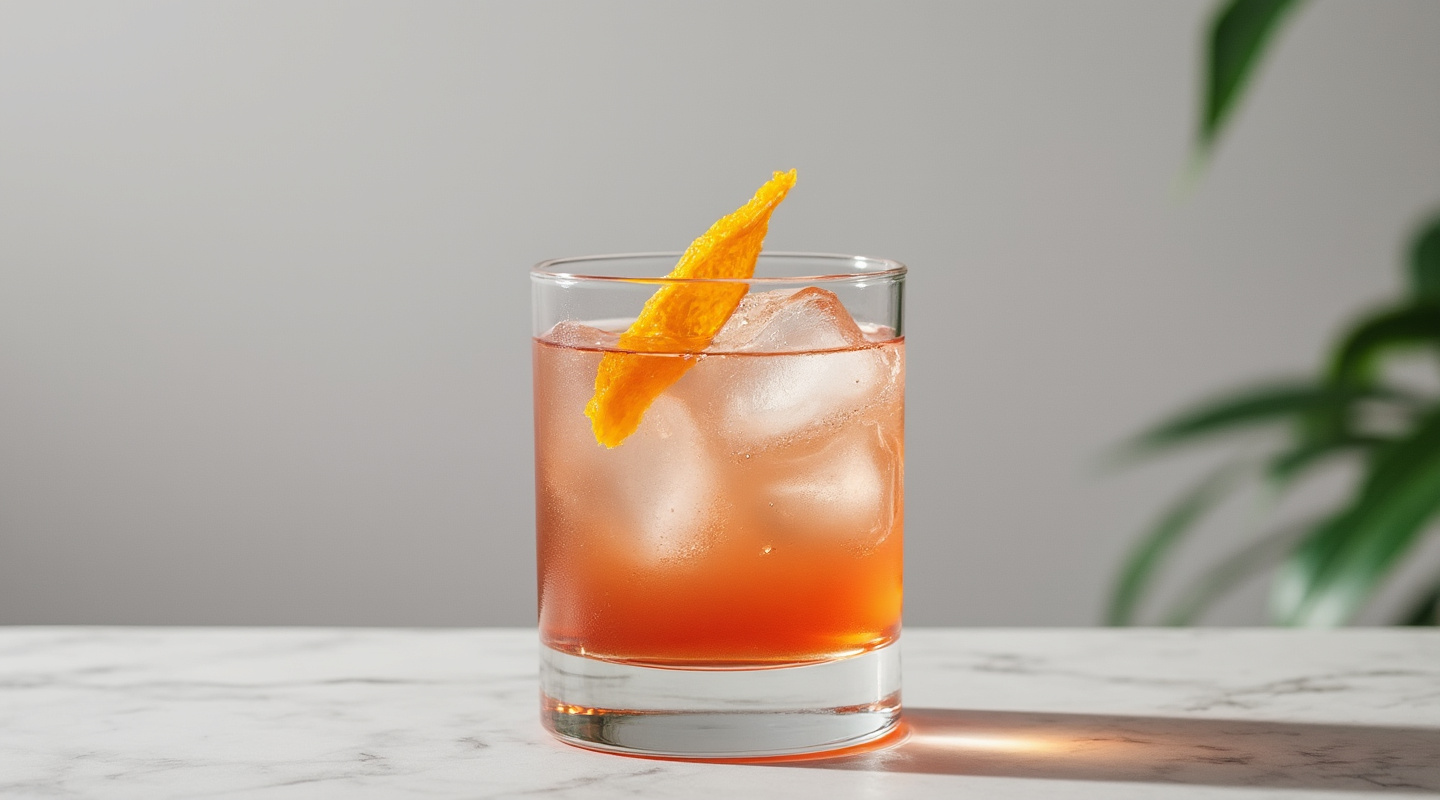 Martinique cocktail in a chilled coupe glass with an orange zest twist garnish.