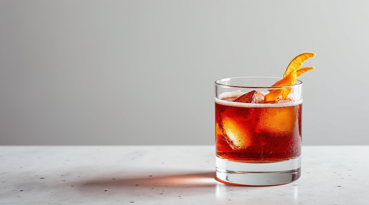 A vibrant red Witches' Negroni served in a chilled glass with a large ice cube and an orange zest garnish.