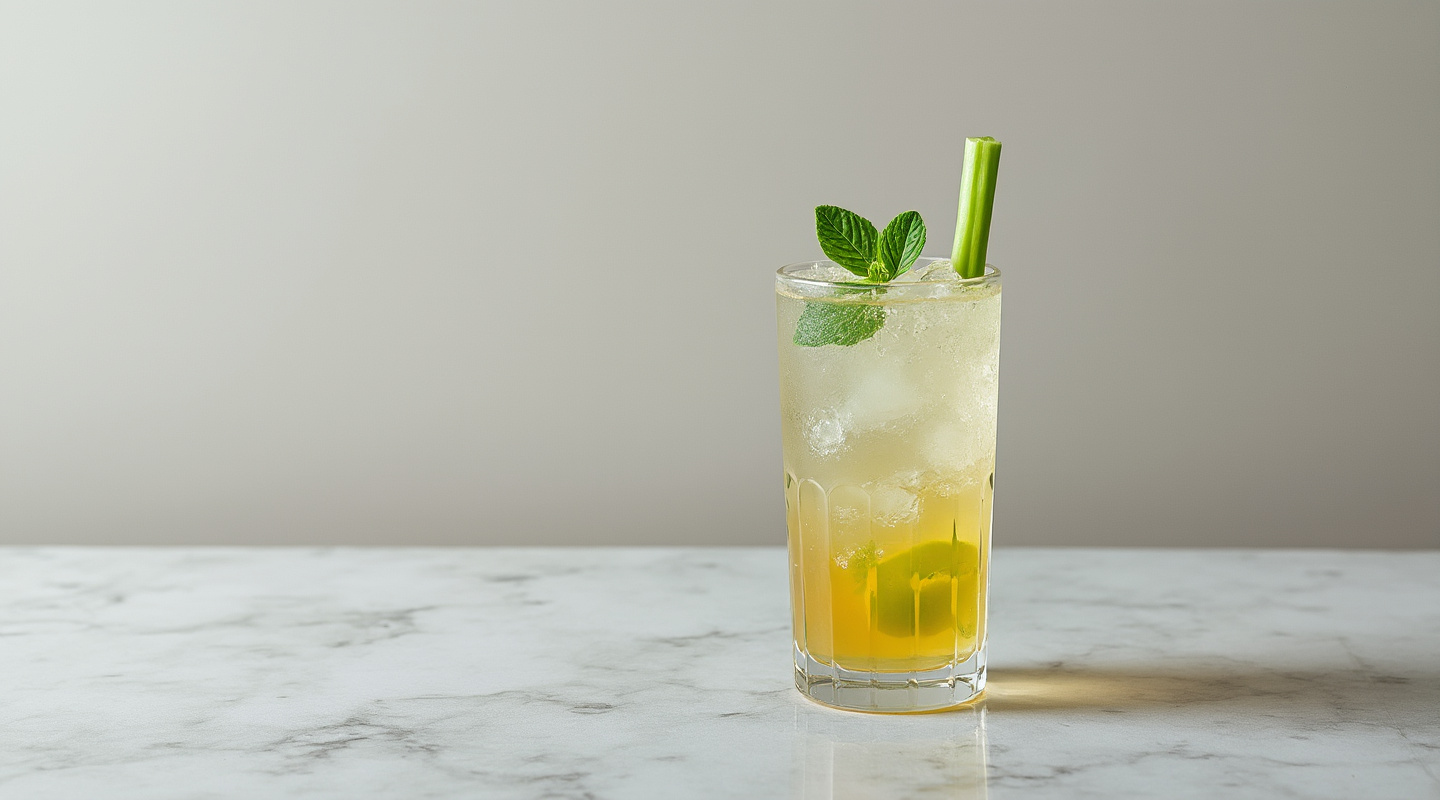 Cel Rey in a glass with a celery stick garnish