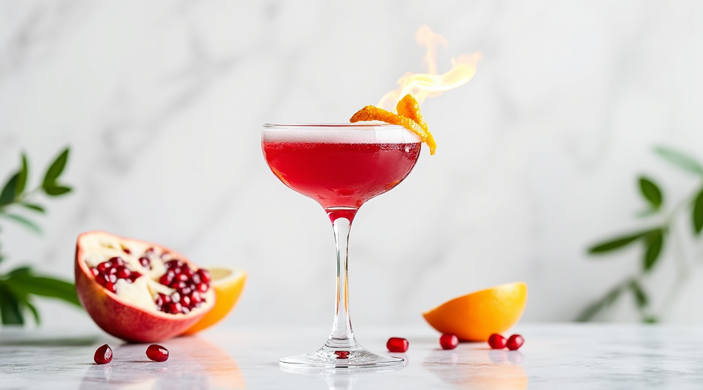 Pomegranate Cosmopolitan in a Coupe glass with orange zest garnish
