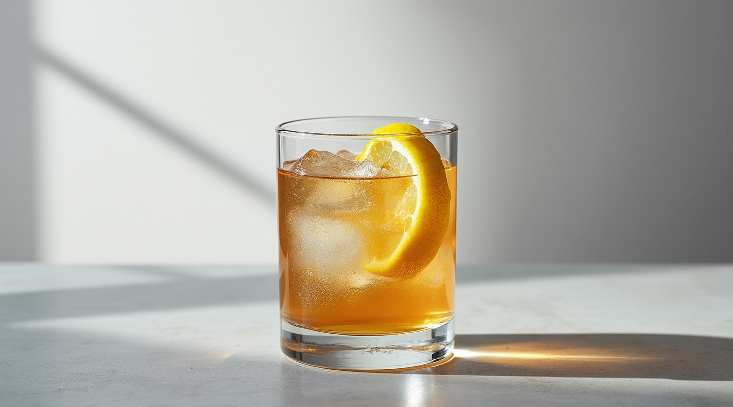 Creole Cocktail garnished with lemon zest twist in a Nick & Nora glass