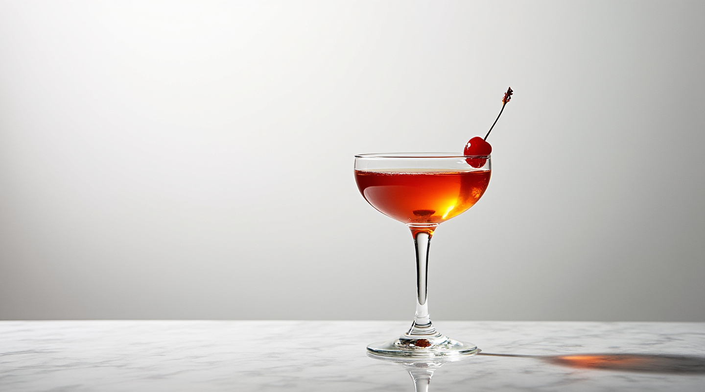A coupe glass filled with Lucino's Delight cocktail, garnished with a skewered cherry.