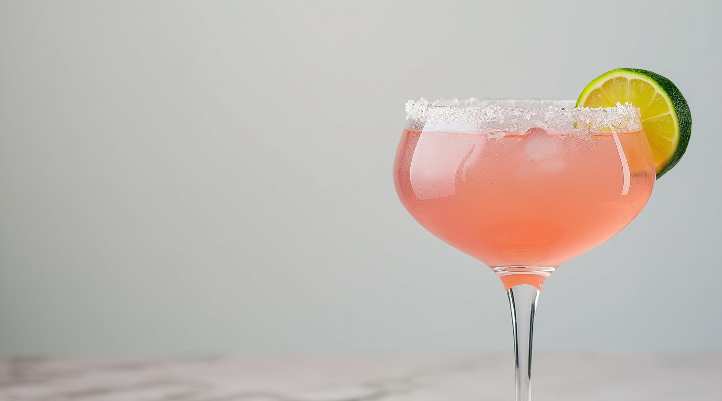 Pink Margarita in a coupe glass garnished with a salted rim