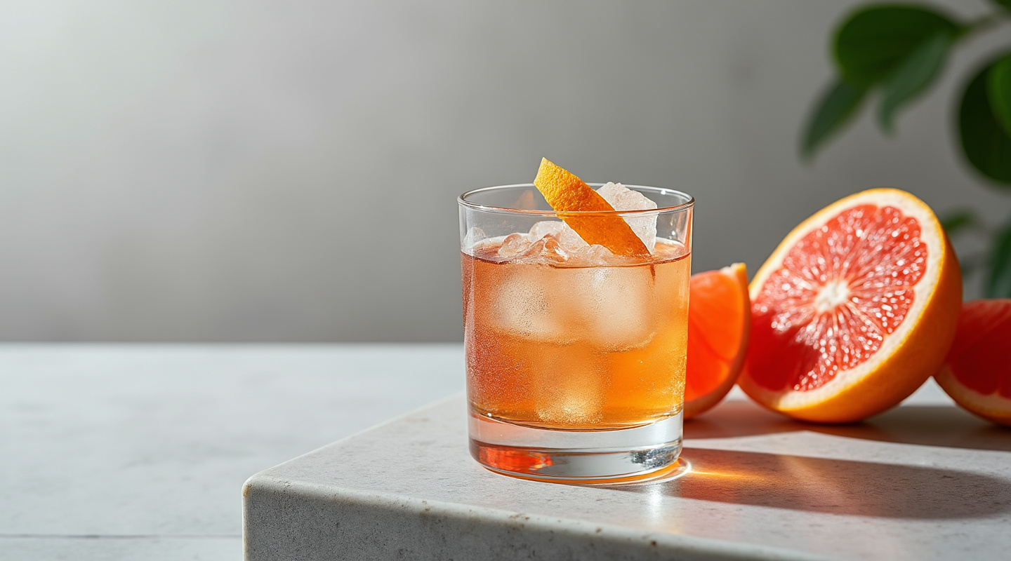 Drifter cocktail in a glass over ice with grapefruit zest garnish