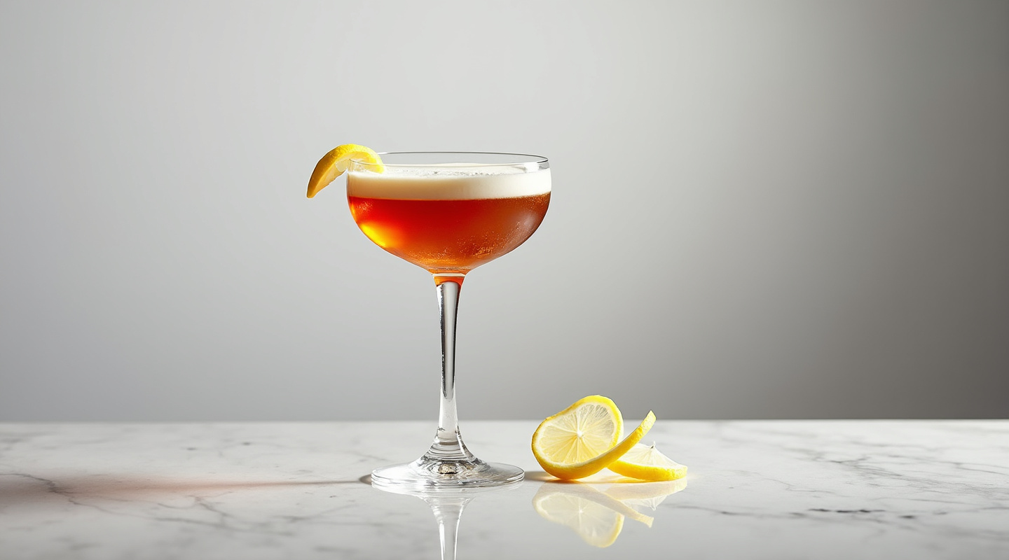 Improved Japanese Cocktail in a Nick & Nora glass with lemon zest garnish