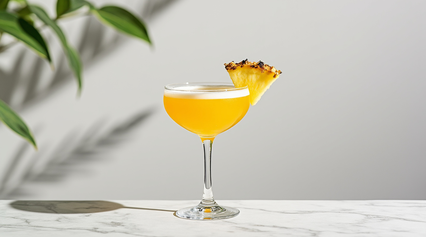 Let's Go Bananas No. 2 cocktail in a wine glass with a pineapple wedge