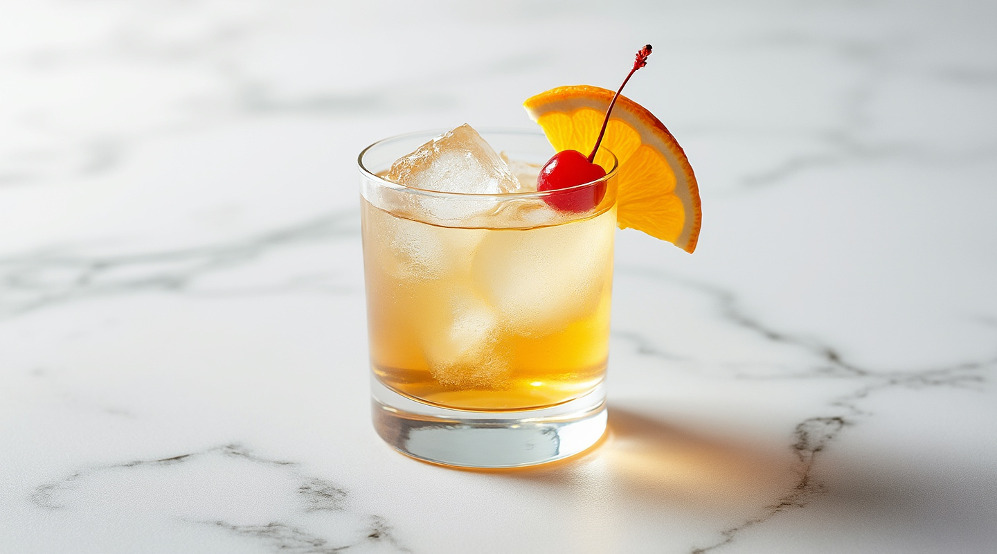 Scotch Stone Sour cocktail in a glass with orange slice and cherry garnish