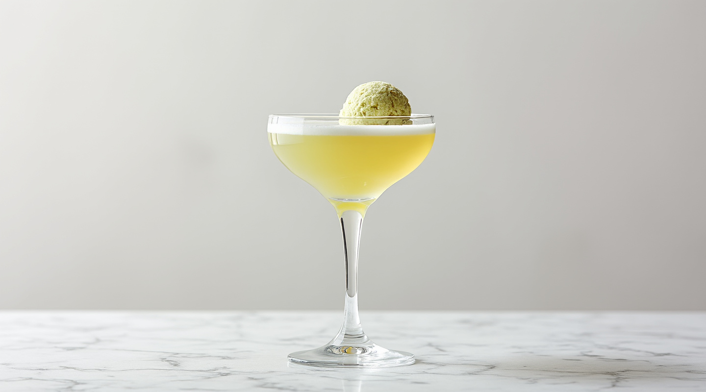 Pistachio Martini in a glass with a scoop of pistachio gelato