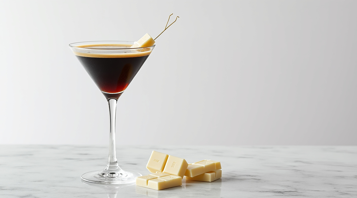 Black Diamond cocktail served in a martini glass with grated white chocolate garnish