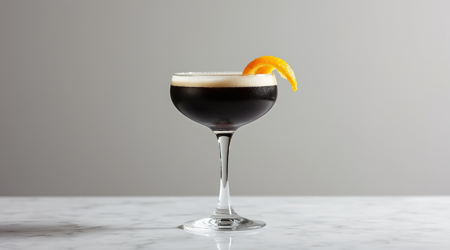 Black Mussel cocktail in a flute glass with a deep blue hue