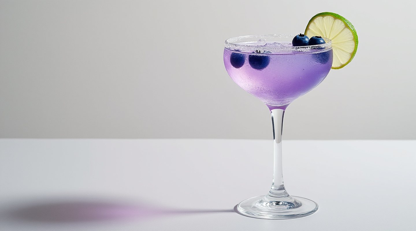 A chilled Blueberry Daiquiri served in a coupe glass.