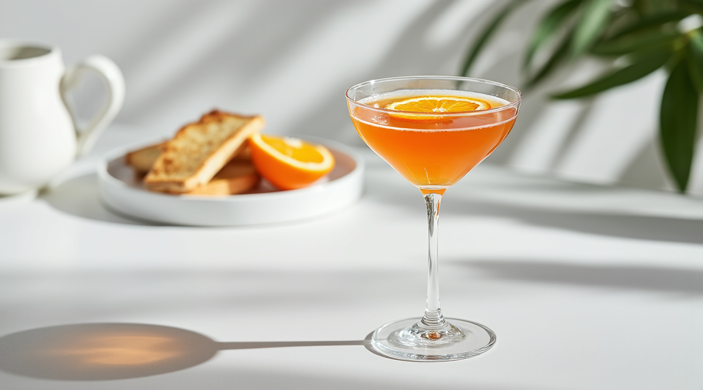 A Breakfast Martini in a Martini glass with an orange zest twist.