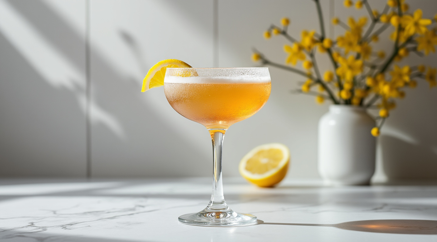 Bourbon Crusta in a flute glass with a lemon crust