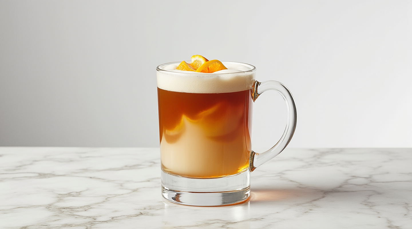 A warm Hot Gin Toddy served in a glass with an orange zest garnish