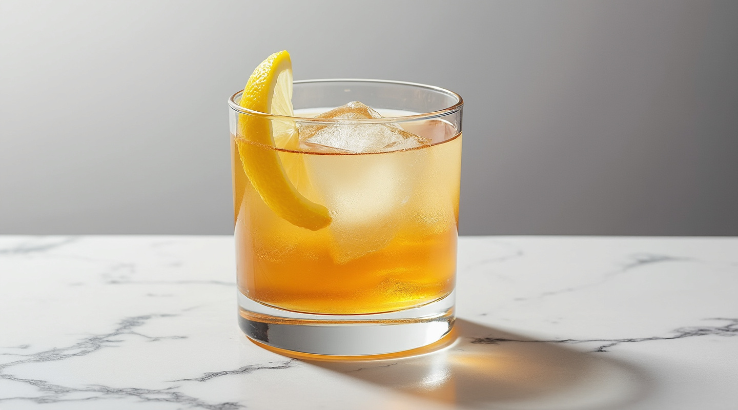 Gold Rush cocktail served in an Old-fashioned glass with ice and a lemon twist garnish