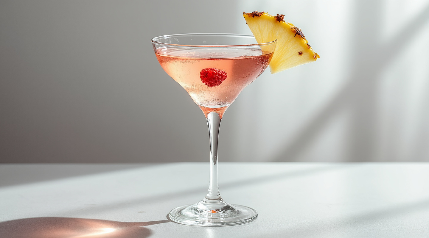 A French Martini served in a chilled martini glass with a pineapple wedge garnish.