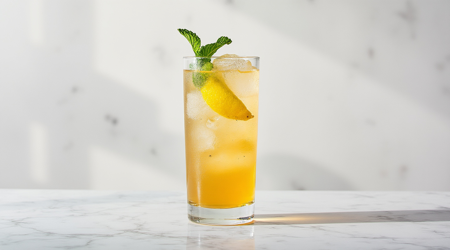 A frothy Golden Fizz cocktail garnished with a lemon slice and mint sprig