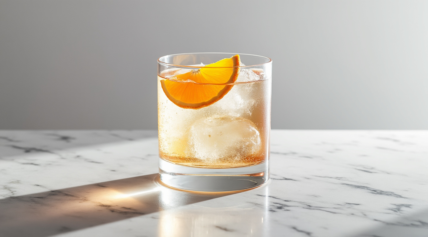Illicit Affair cocktail in an old-fashioned glass with an orange slice