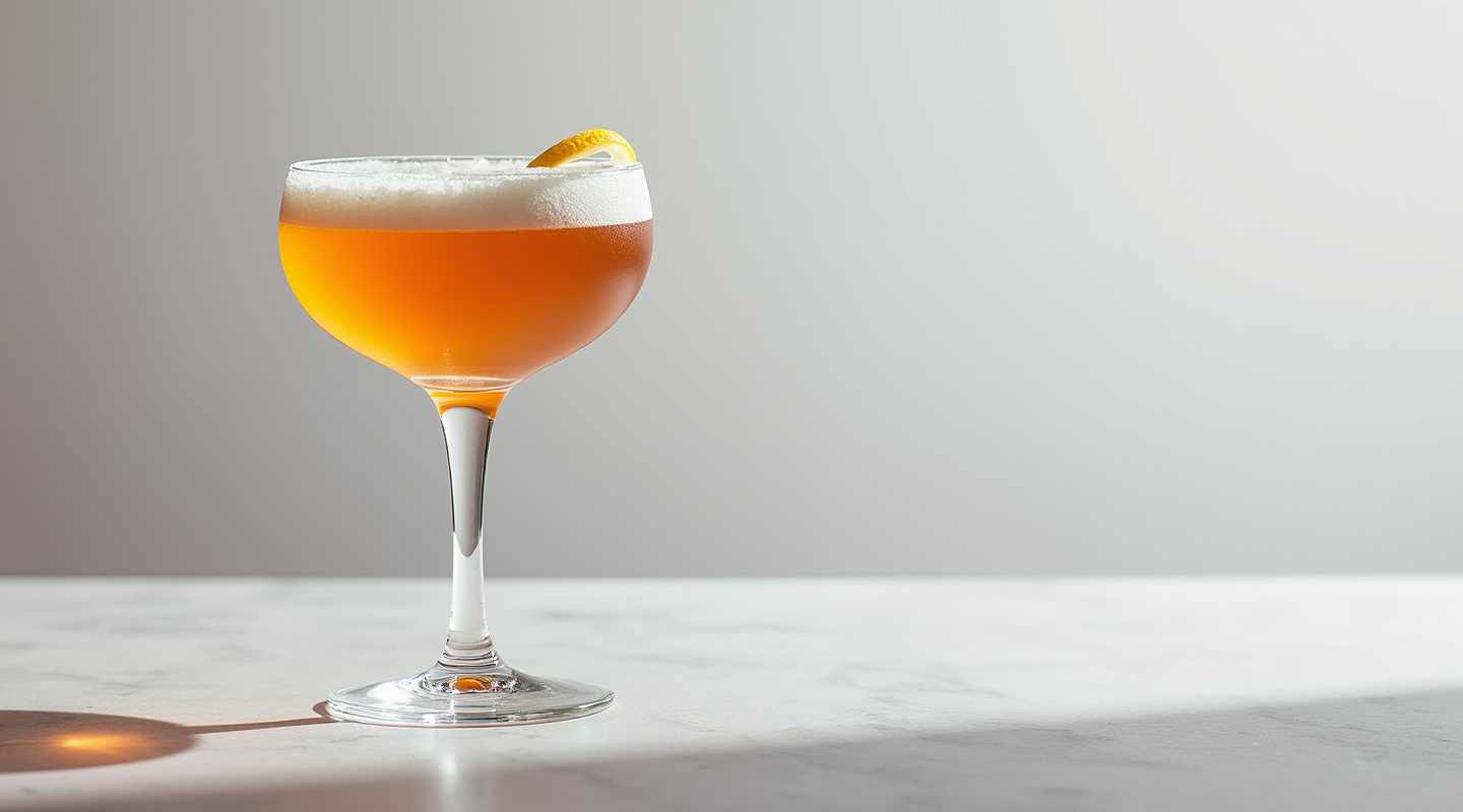 A Jack Rose Cocktail served in a chilled Coupe glass with a garnish of lemon zest twist.