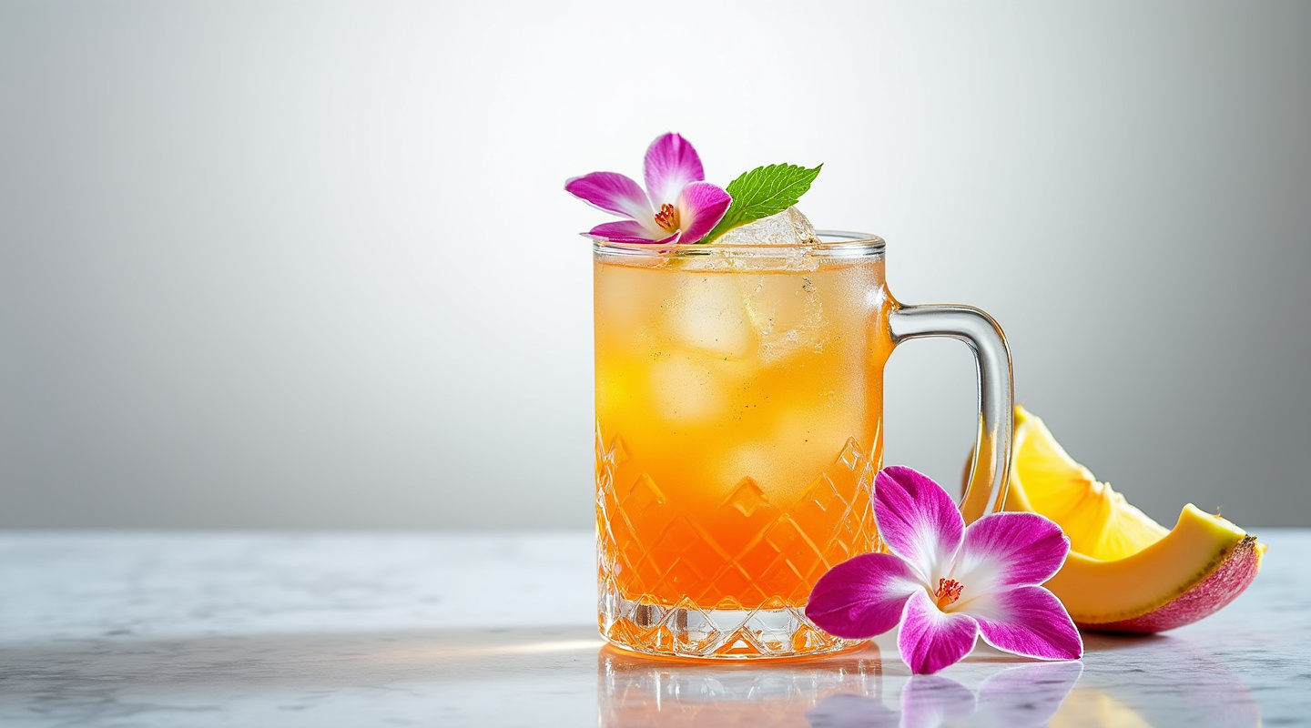 Hawaiian Eye cocktail in a Tiki mug with an edible flower garnish