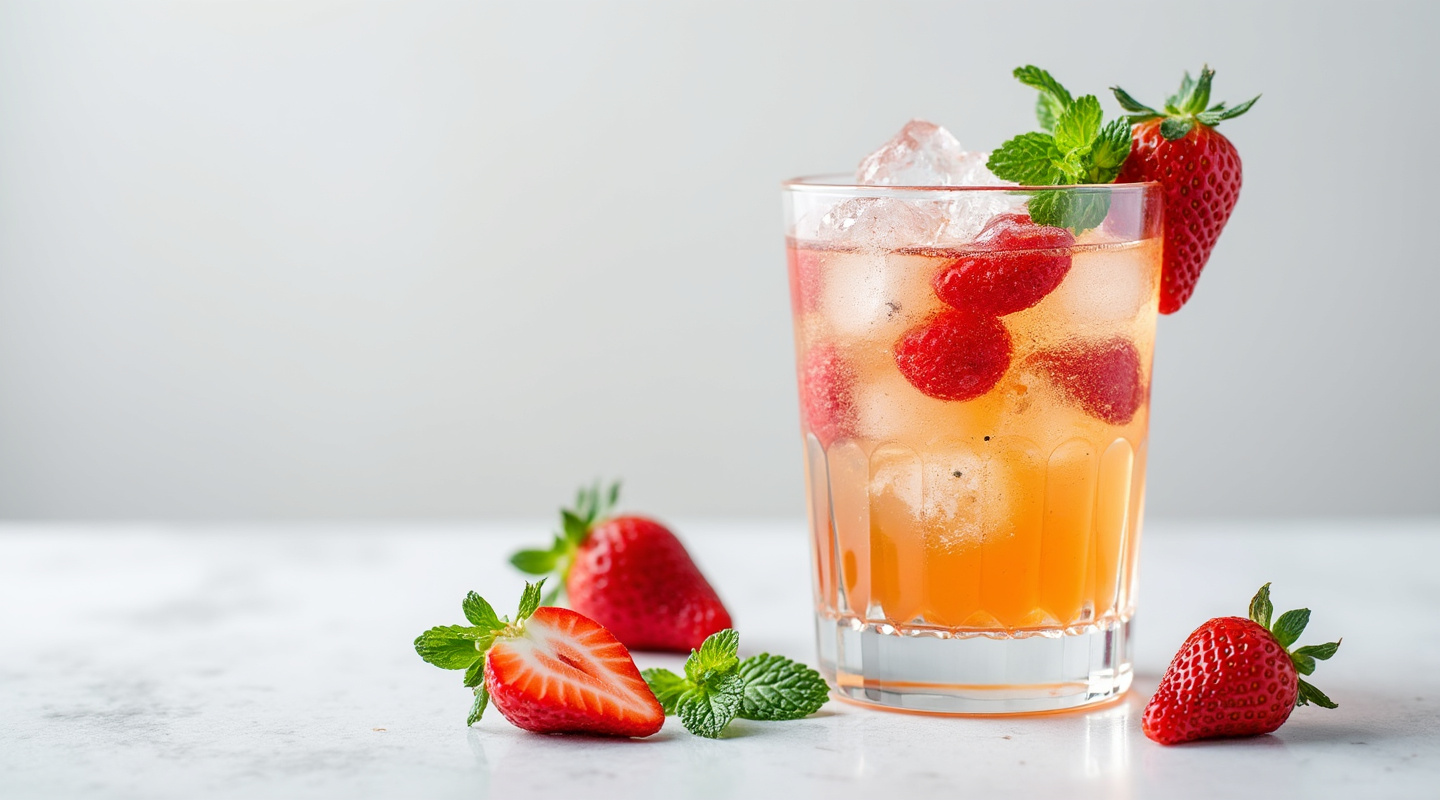 Jumbled Fruit Julep in a Collins glass garnished with strawberry and mint sprig