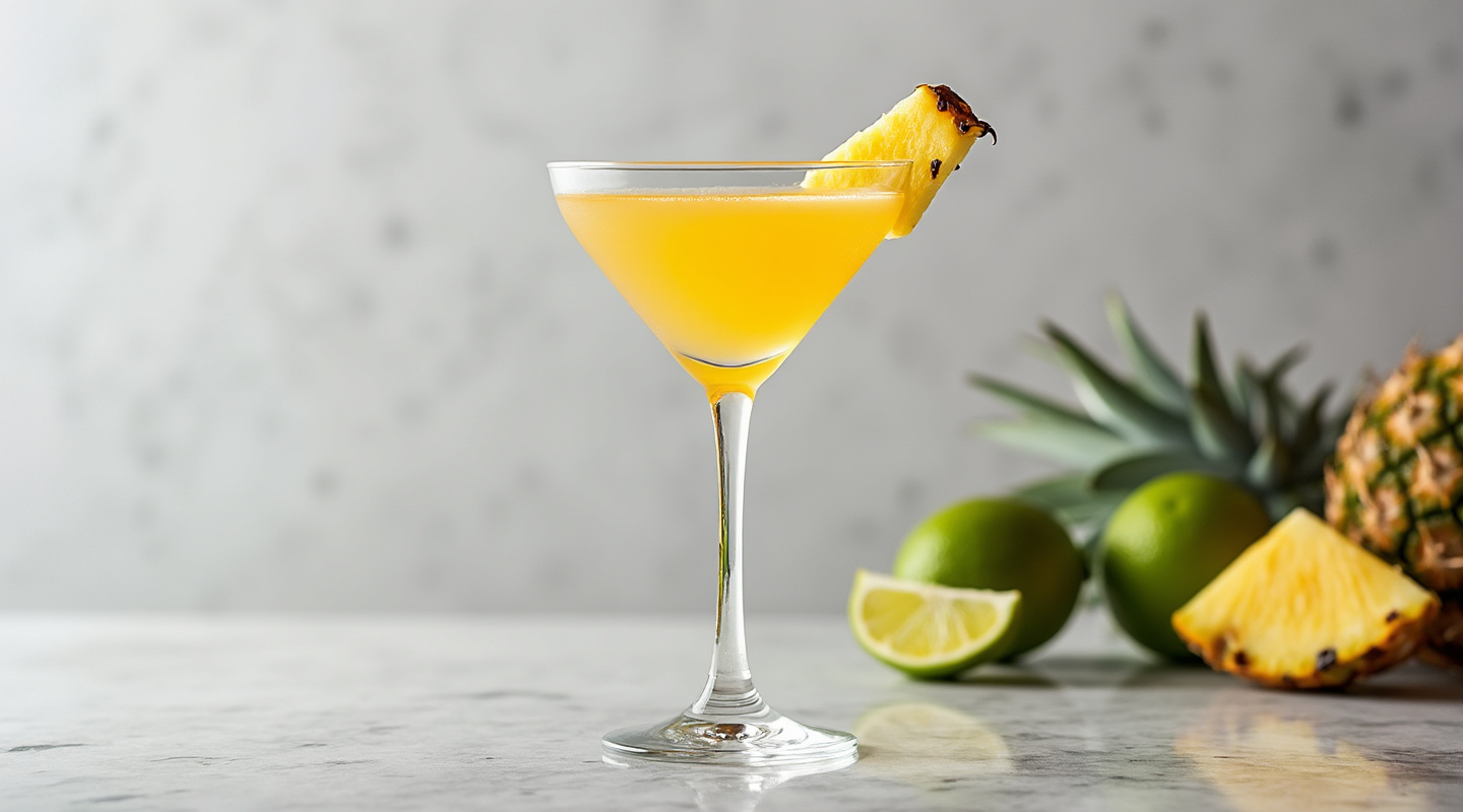 A vibrant cocktail known as The Juxtaposition, served in a martini glass with a pineapple wedge garnish.