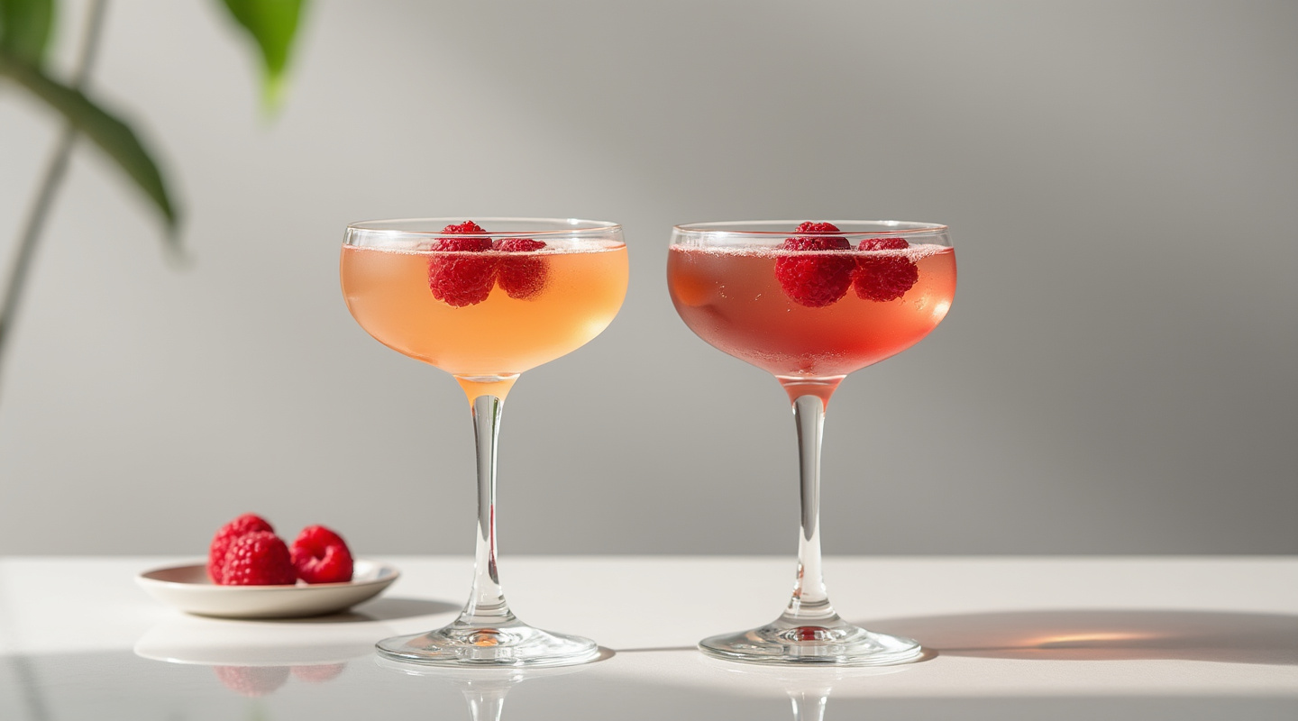 Lush cocktail in a flute glass garnished with raspberries.