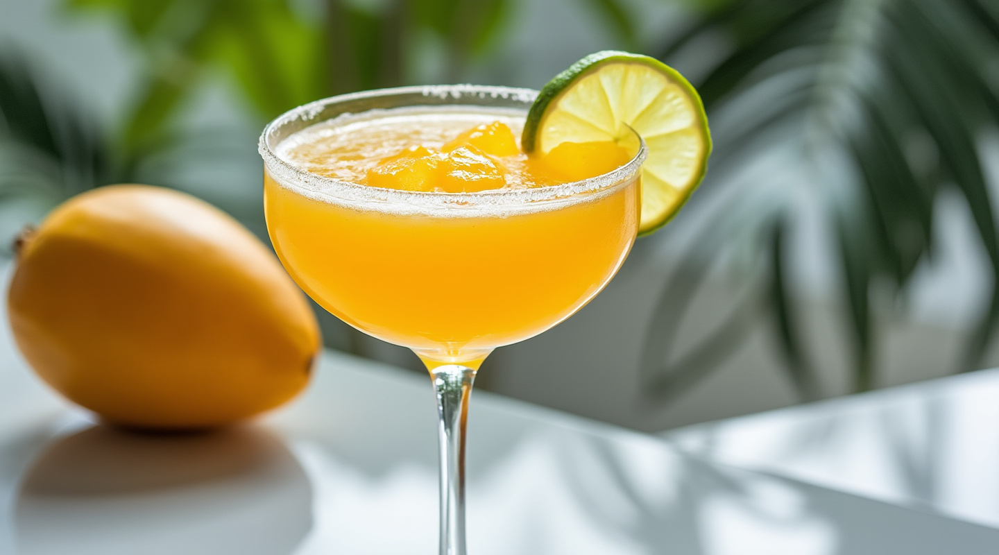 A vibrant Mango Daiquiri served in a coupe glass, garnished with a lime wedge.