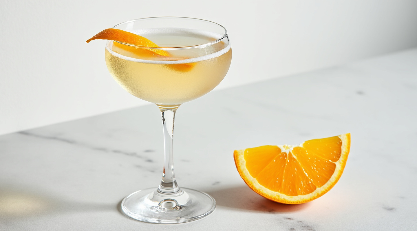 Mayfair Cocktail in a coupe glass, garnished with an orange zest twist