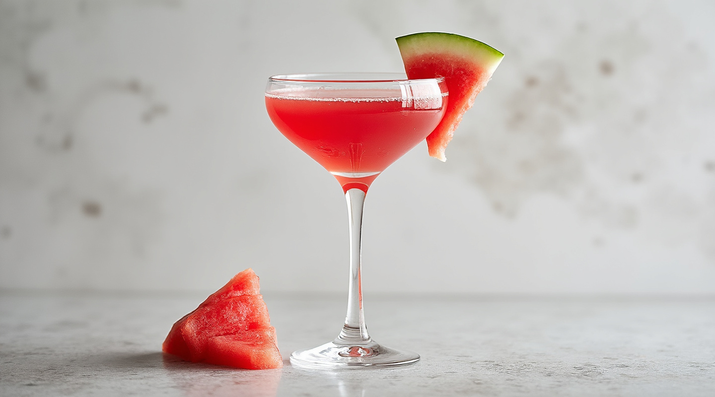 Red Melon'tini in a martini glass with watermelon garnish