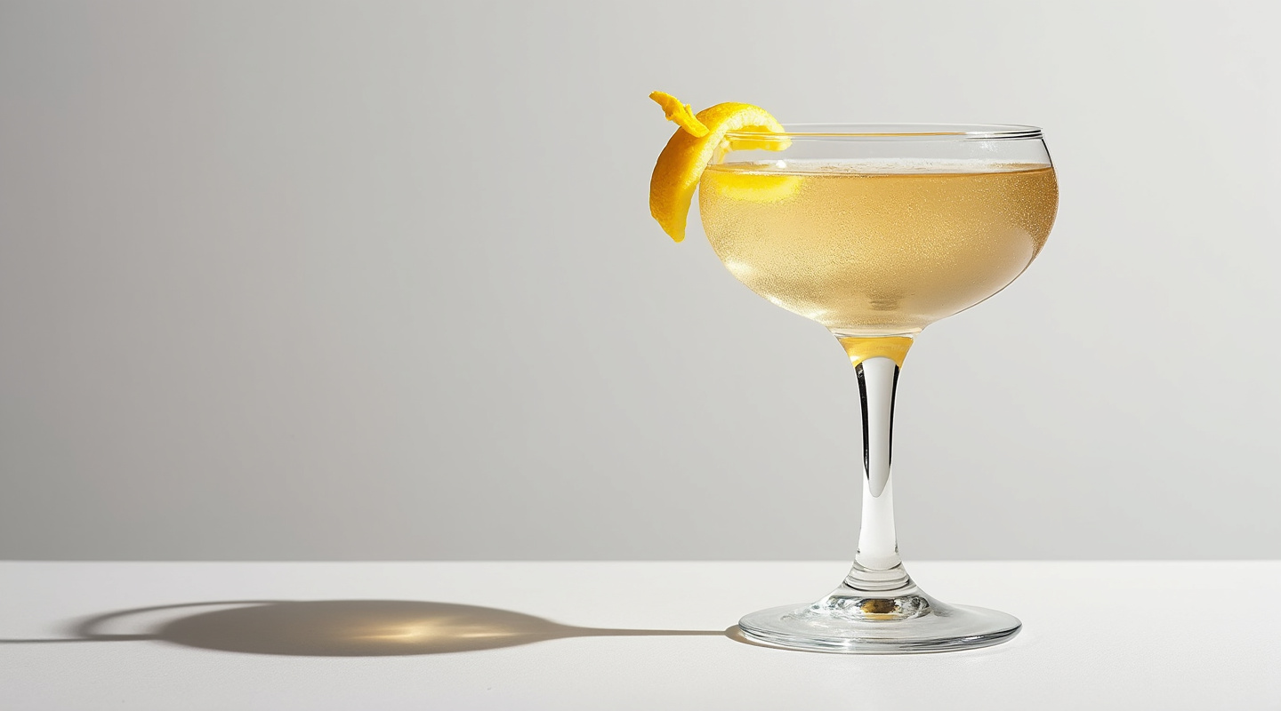 Turf Club cocktail served in a Coupe glass with a twist of lemon zest as garnish.