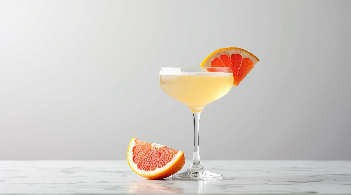 Vanilla & Grapefruit Daiquiri with light gold rum, fresh grapefruit and lime juice in a coupe glass garnished with grapefruit zest.