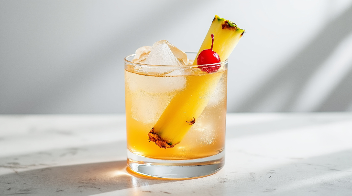 A tall, frosty Honolulu cocktail in an Old-fashioned glass garnished with a cherry and pineapple wedge