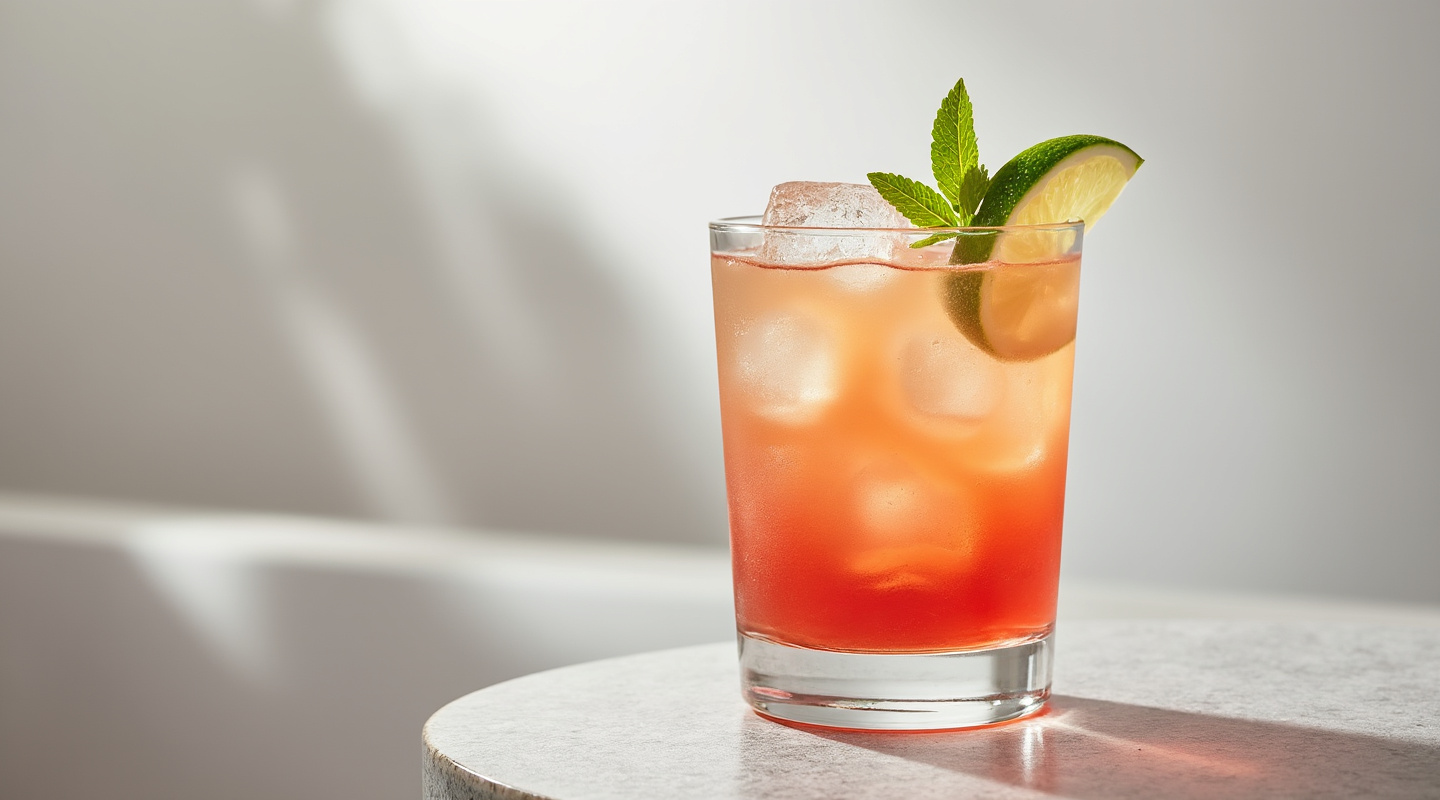 Oceanbreeze Cocktail in a Collins Glass with a Lime Wedge