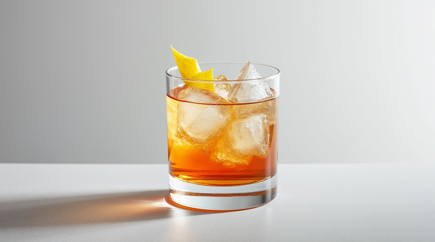 Gin Gin Cocktail in an Old-fashioned glass with a lemon twist