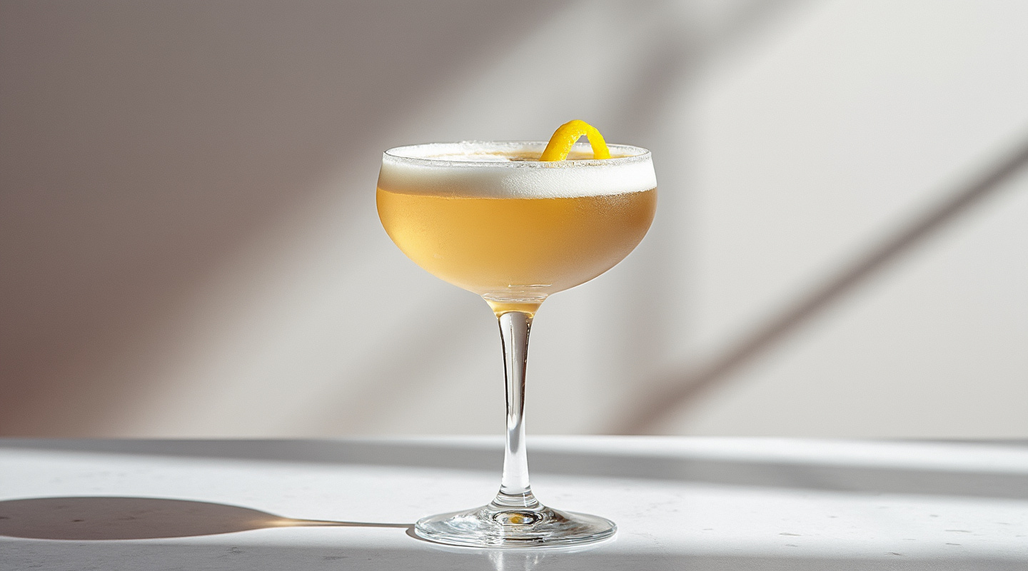 A glass of French 77 garnished with lemon zest