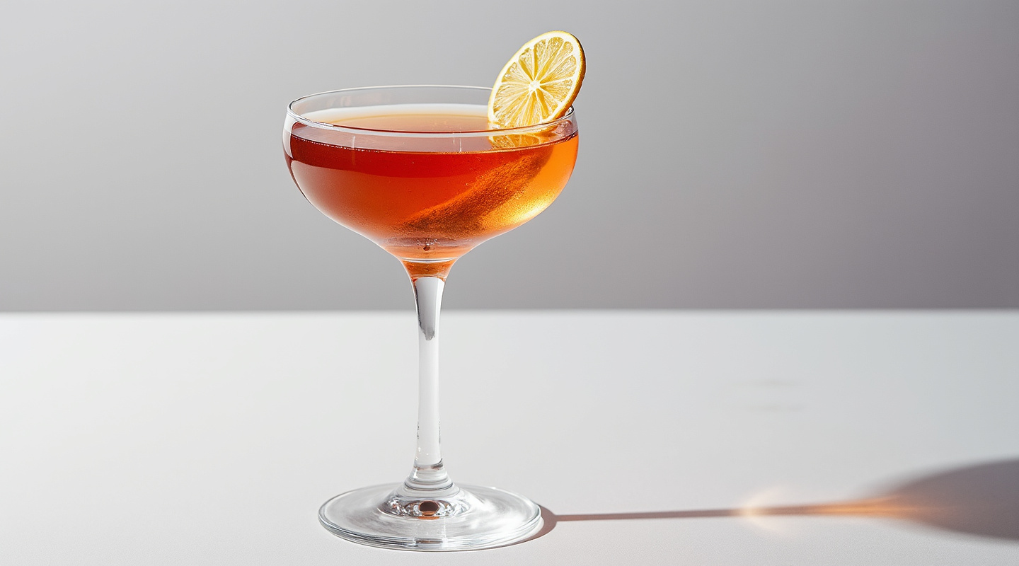 Geisha Mar-Tea-Knee cocktail in a Martini glass, garnished with an open tea pearl