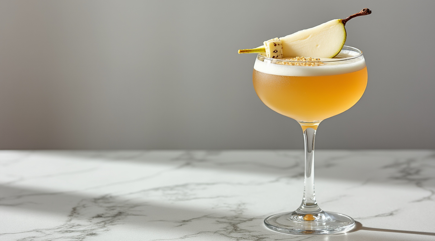 La Poire des Bénédictines cocktail in a Coupe glass